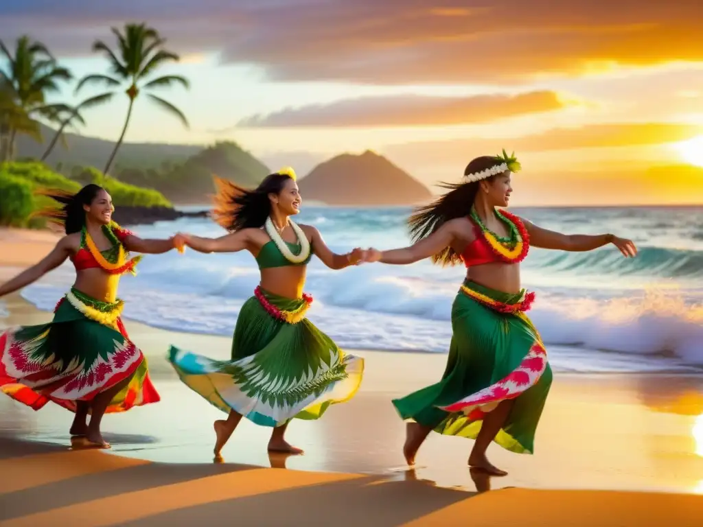 Un grupo de bailarinas hawaianas ejecutando el Hula al atardecer en una playa, con un significado cultural del Hula Hawaiano