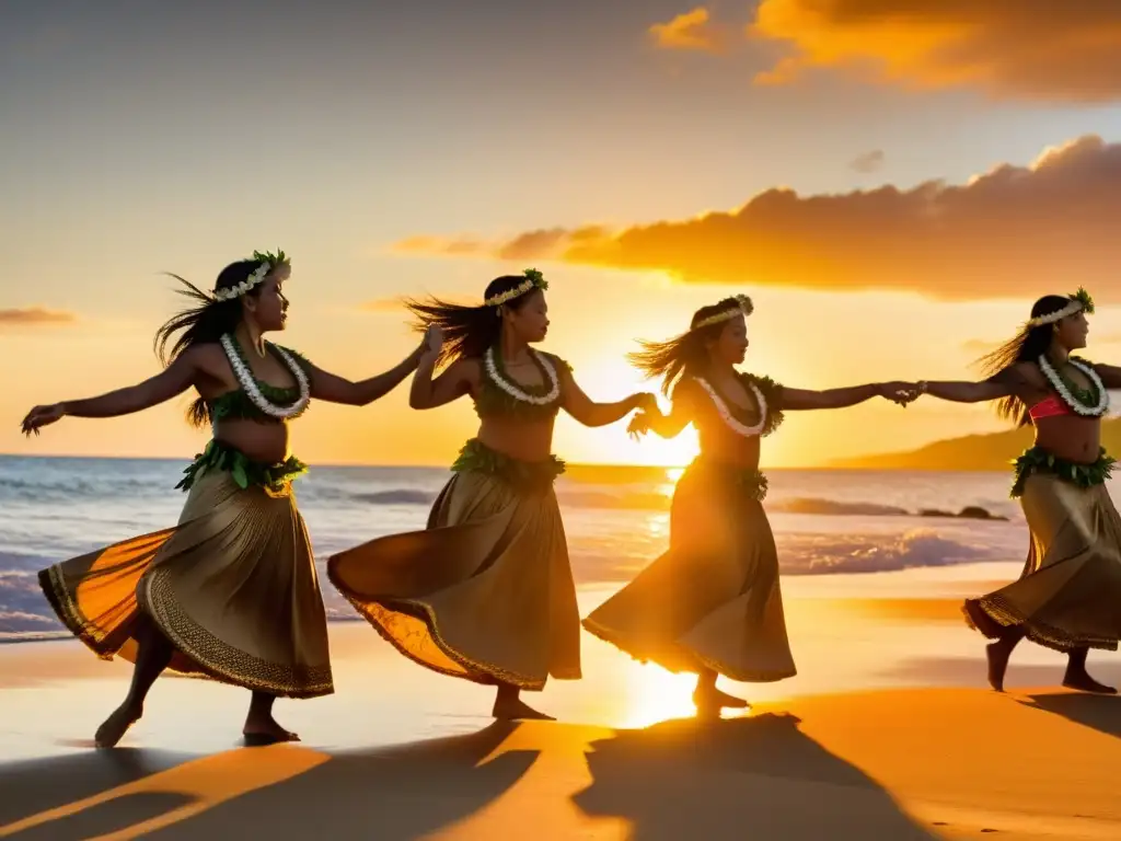 Grupo de bailarinas hawaianas ejecutan danza hula al atardecer en la playa