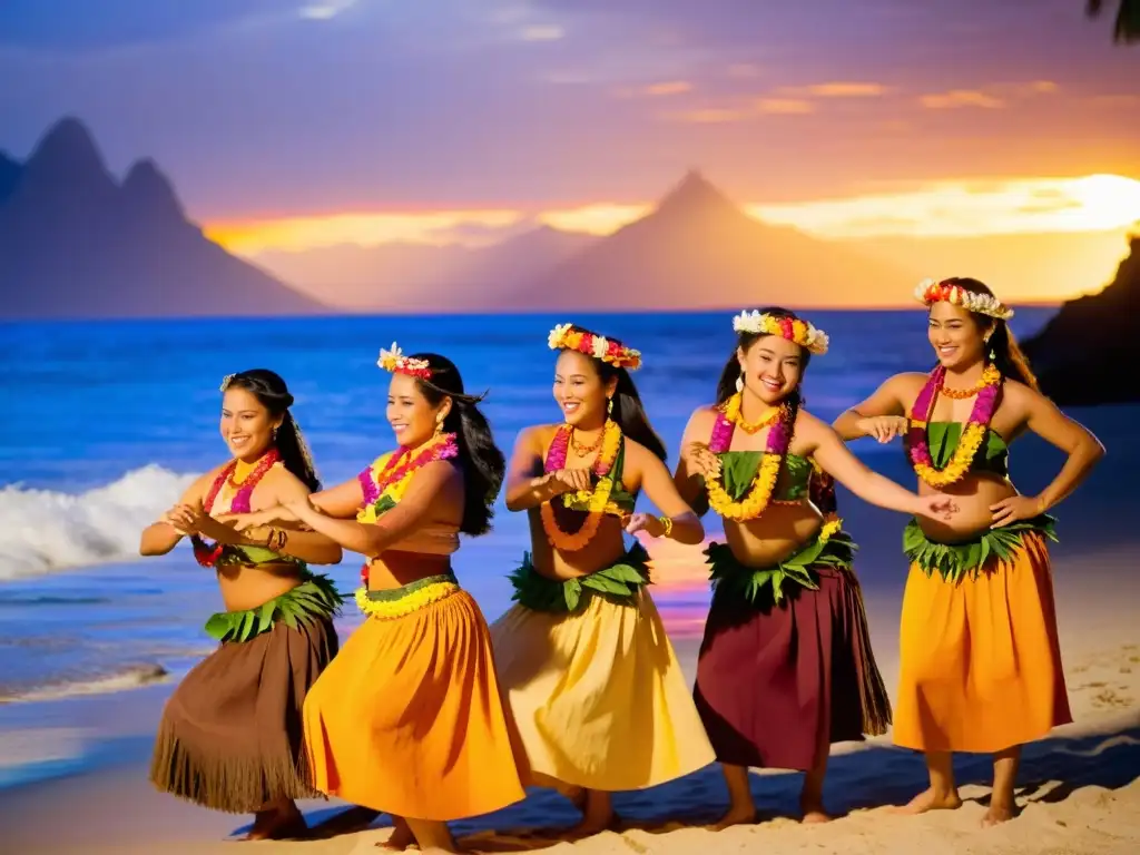 Grupo de bailarinas hawaianas realizando una danza tradicional al atardecer en la playa