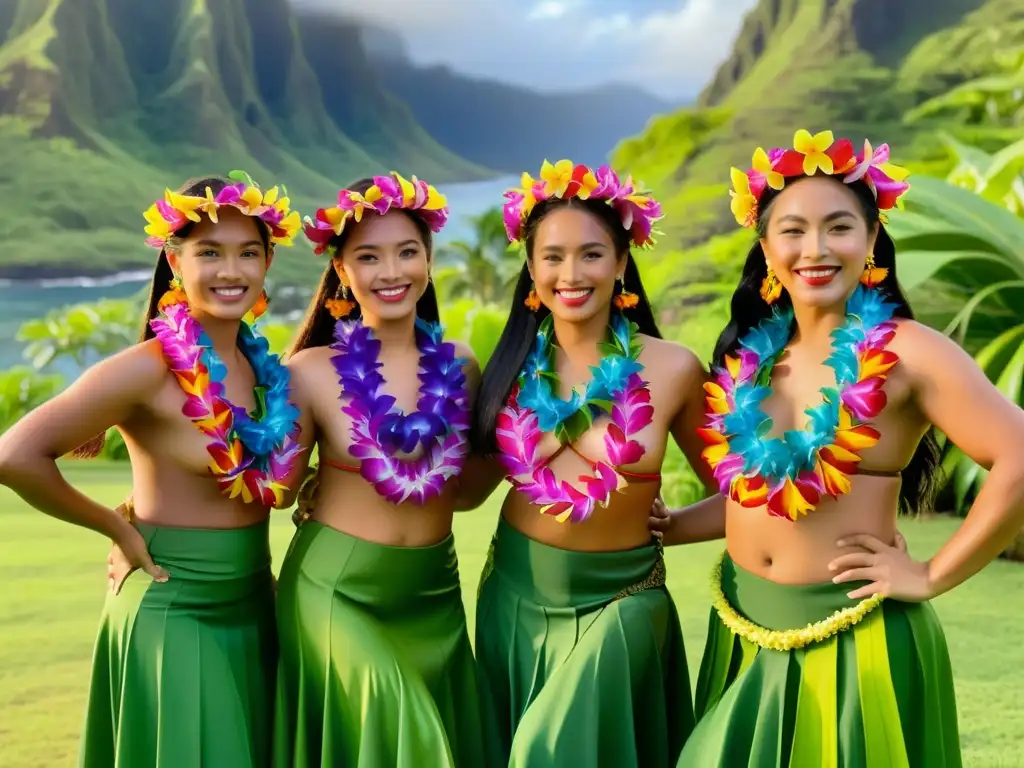 Un grupo de bailarinas hawaianas ejecutan el Hula en un exuberante escenario tropical