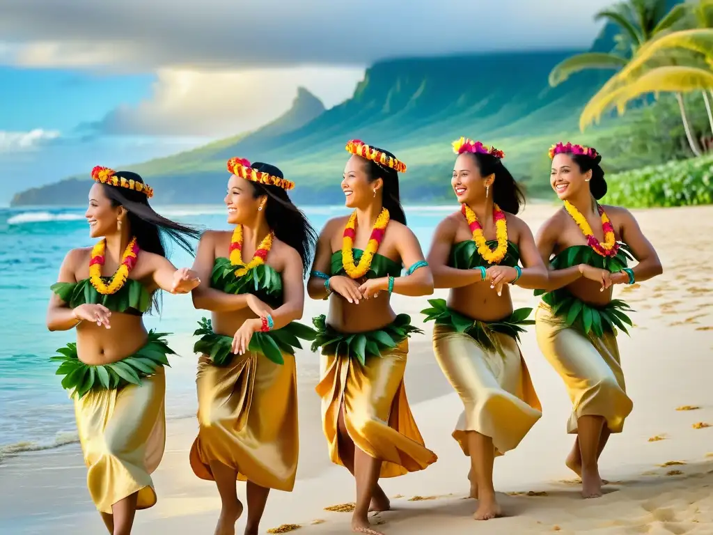 Grupo de bailarinas hawaianas con leis de flores, danzando en la playa al atardecer