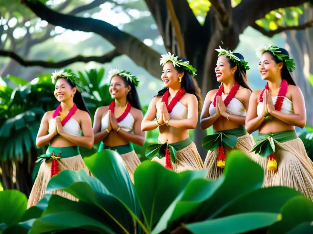 Grupo de bailarinas hawaianas bajo un majestuoso árbol de baniano, danzando con gracia al ritmo de la música tradicional