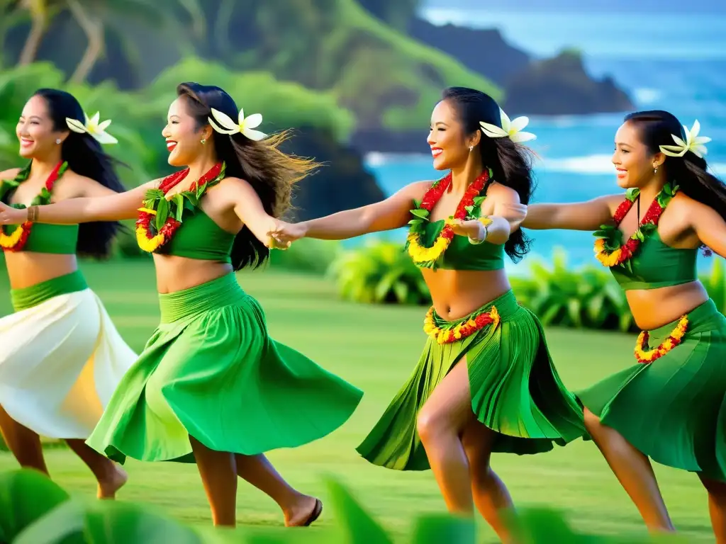 Grupo de bailarinas hawaianas ejecutando el hula en un paisaje exuberante