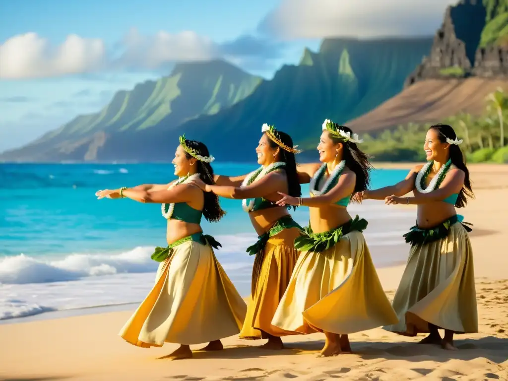 Grupo de bailarinas hawaianas en la playa, con sus trajes tradicionales y realizando la danza hawaiana, capturando la esencia de la narrativa del Pacífico