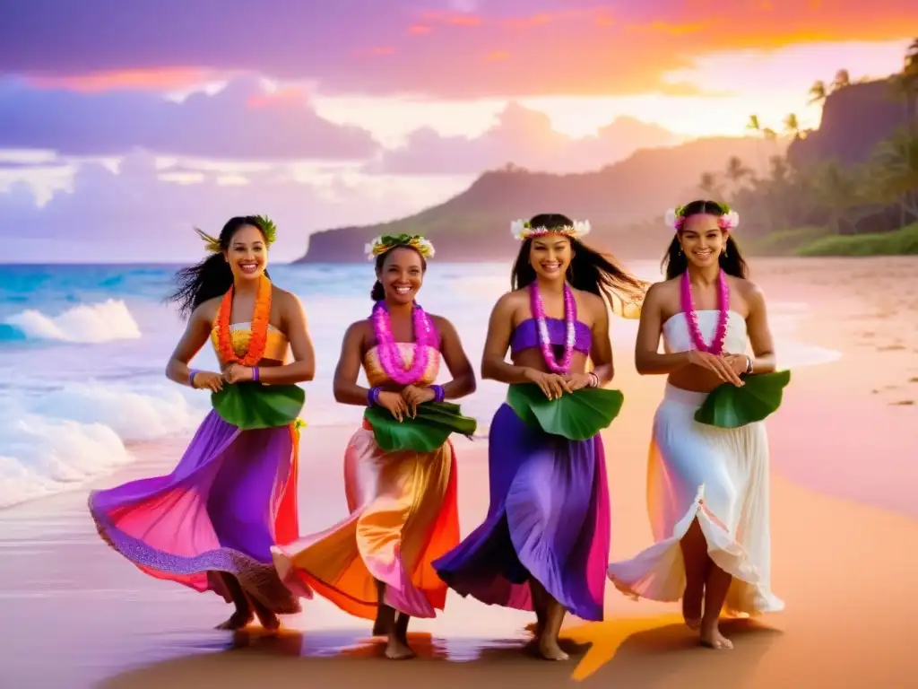 Grupo de bailarinas hawaianas en la playa al atardecer, con leis coloridos