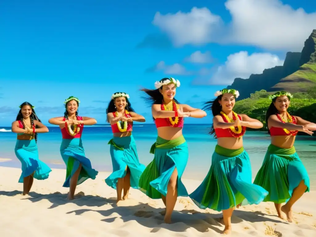 Grupo de bailarinas hawaianas en la playa con trajes tradicionales, danza hawaiana diáspora significado cultural