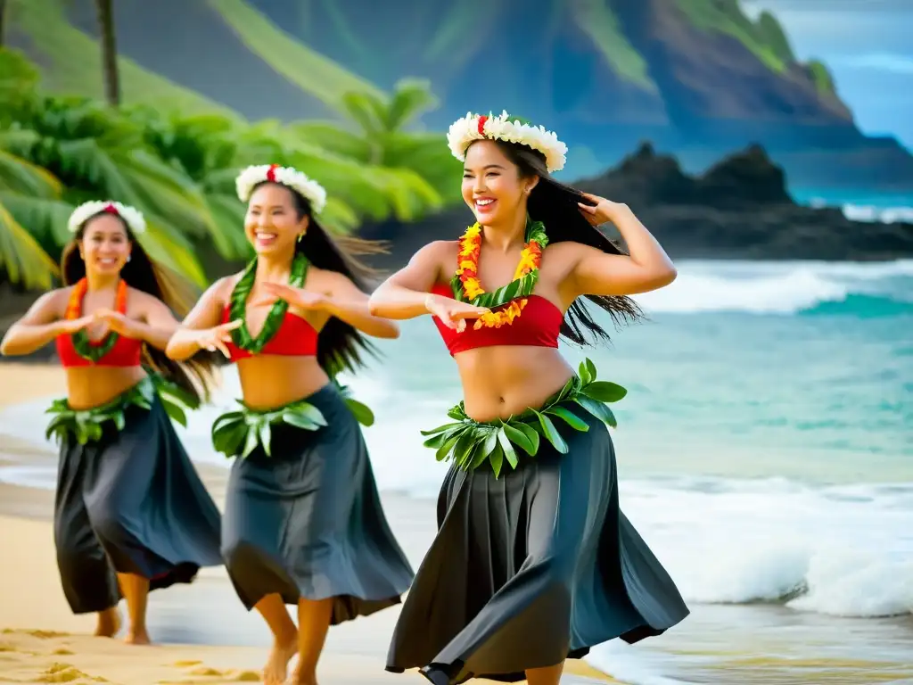 Grupo de bailarinas hawaianas en la playa, expresando la filosofía detrás de la Danza Hula Hawai con gracia y color