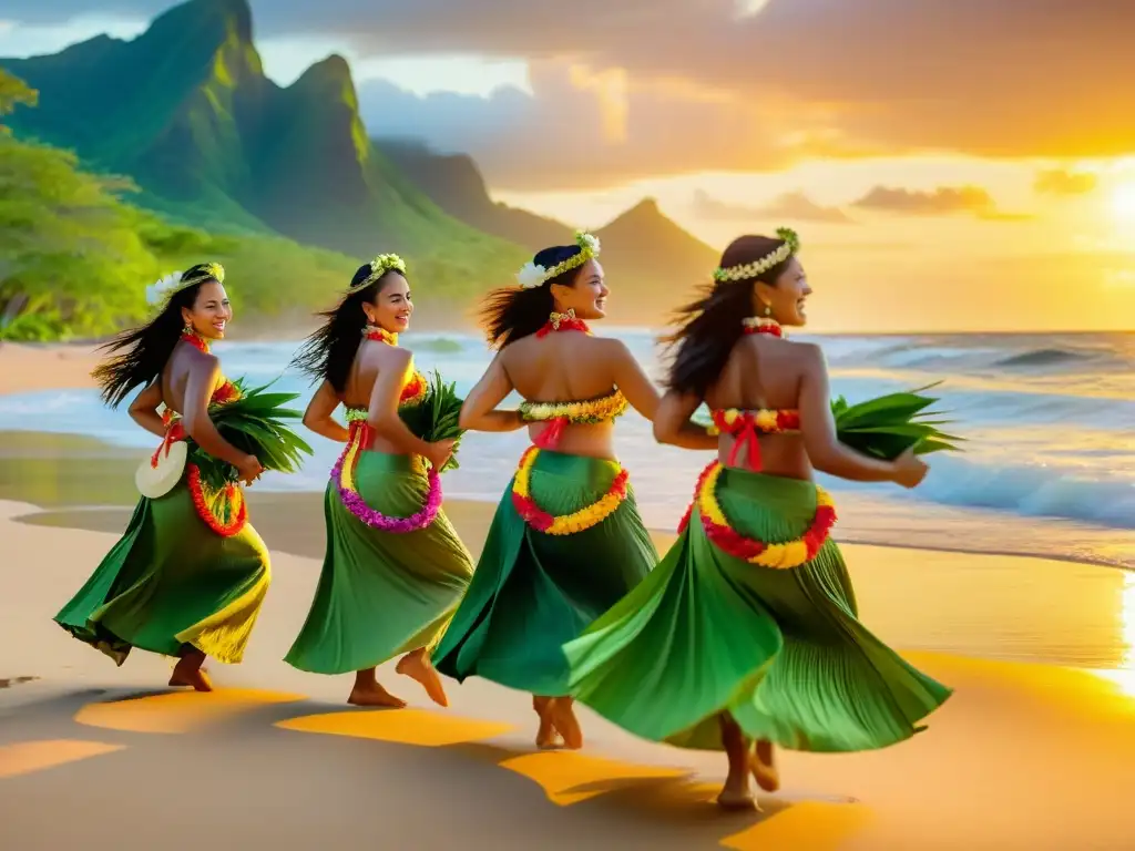 Grupo de bailarinas hawaianas en la playa al atardecer, celebrando el significado cultural de la danza hula con gracia y coloridos atuendos florales