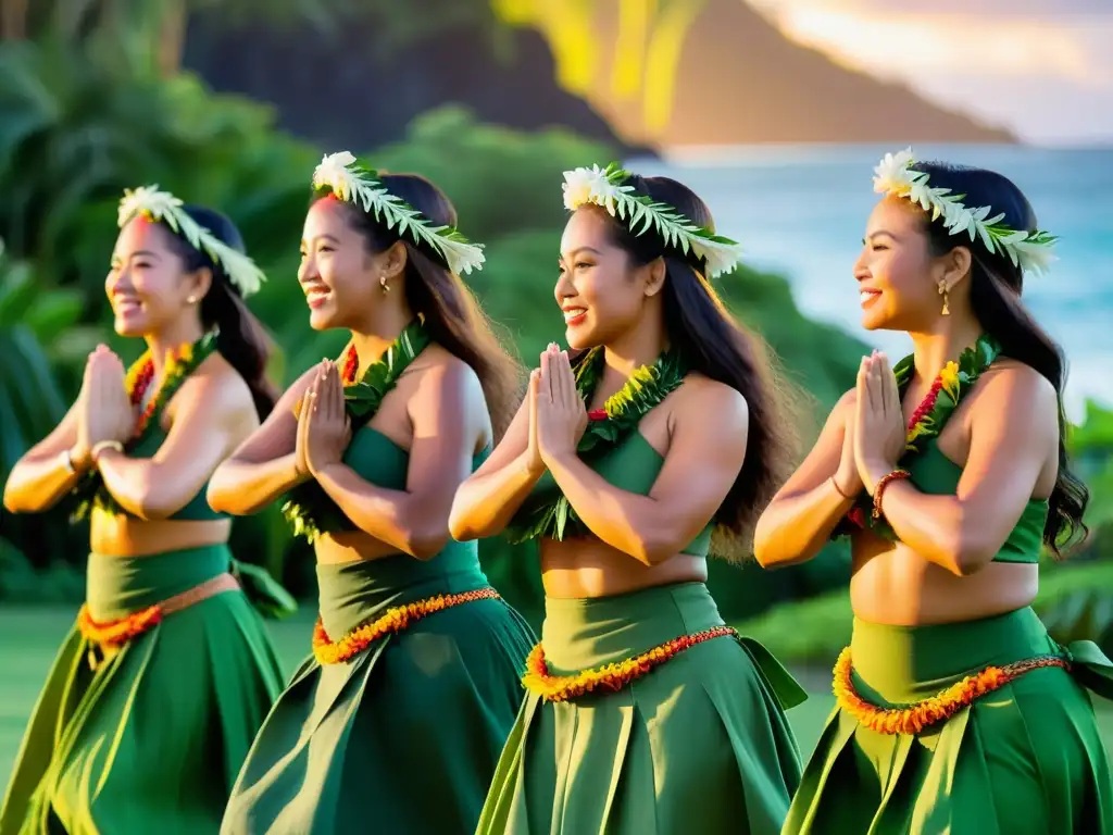 Un grupo de bailarinas hawaianas en trajes tradicionales, expresando el significado cultural del Lū’au Hawaiano a través de su gracia y movimiento