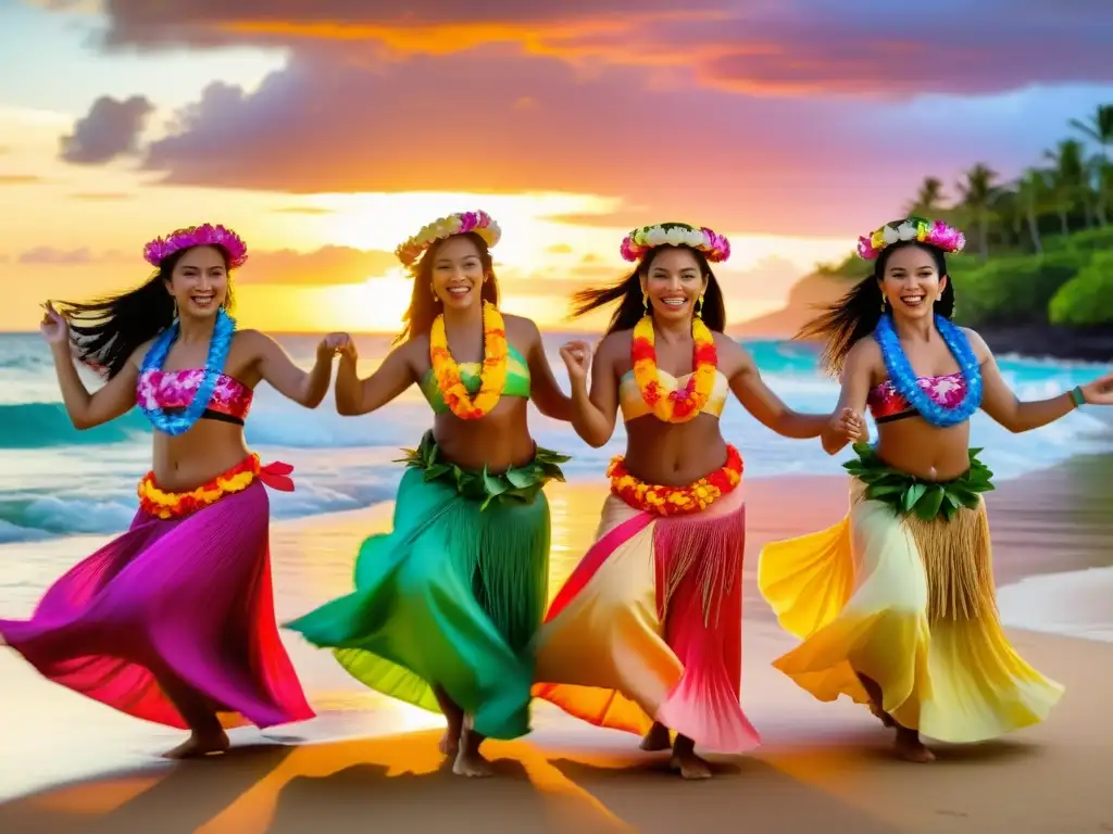 Grupo de bailarinas hawaianas en trajes tradicionales, danza frente a un atardecer en la playa