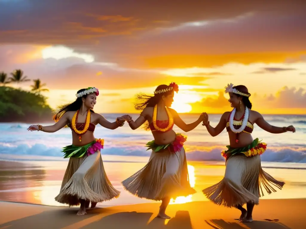 Grupo de bailarinas de hula hawaiano danzando al atardecer en la playa, capturando el significado cultural del Hula Hawaiano