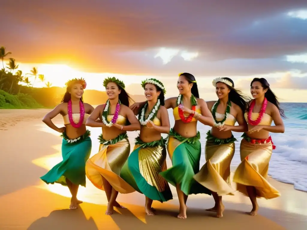 Grupo de bailarinas de hula hawaiano danzando al atardecer en la playa