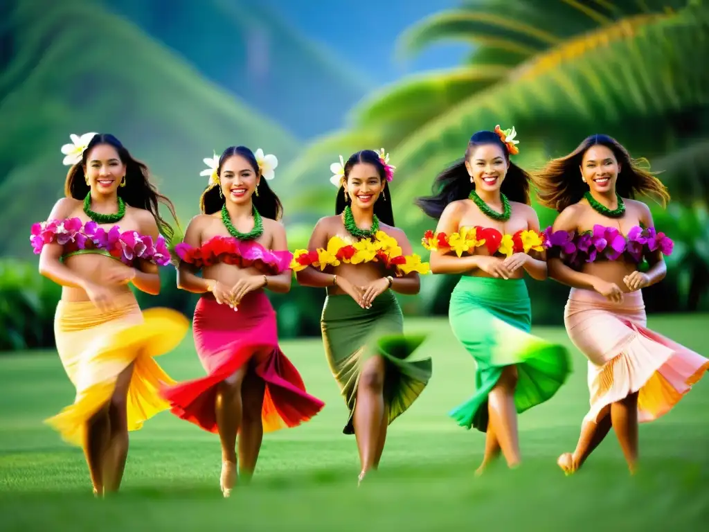 Grupo de bailarinas de hula hawaiano en campo verde con flores tropicales al fondo, capturando la esencia y significado del Hula hawaiano