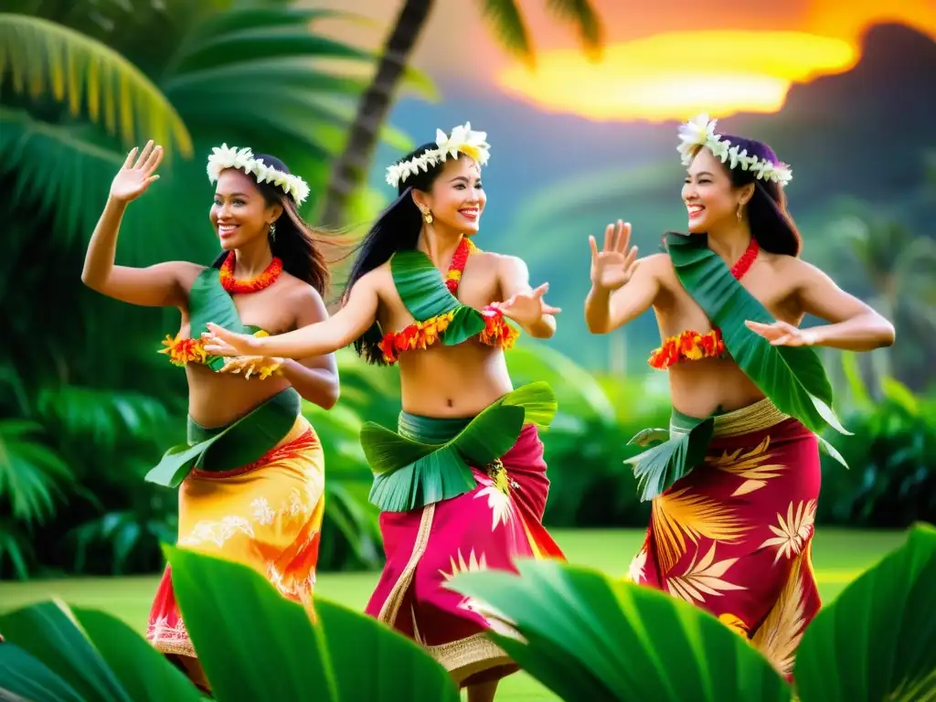 Grupo de bailarinas de hula hawaiano en un entorno tropical exuberante, transmitiendo la historia y técnicas del Hula Hawaiano con gracia y expresión