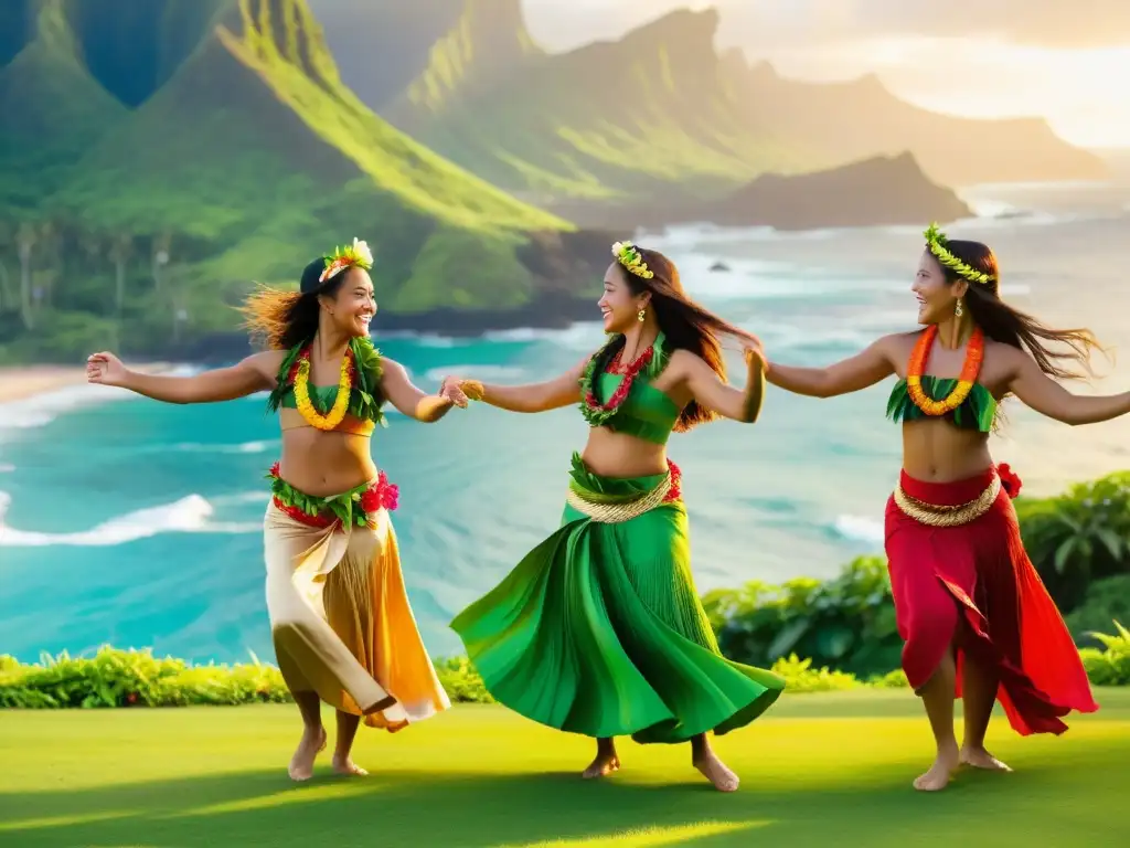 Un grupo de bailarinas de hula hawaiano, vistiendo trajes tradicionales, bailando con gracia en un prado verde con el océano de fondo