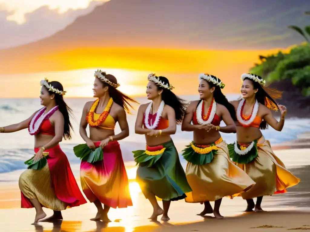 Un grupo de bailarinas de hula hawaiano con trajes tradicionales realizando una danza en la playa al atardecer