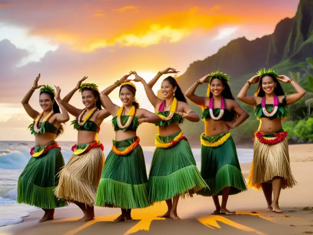 Un grupo de bailarinas de hula hawaiana ejecutando una danza tradicional al atardecer