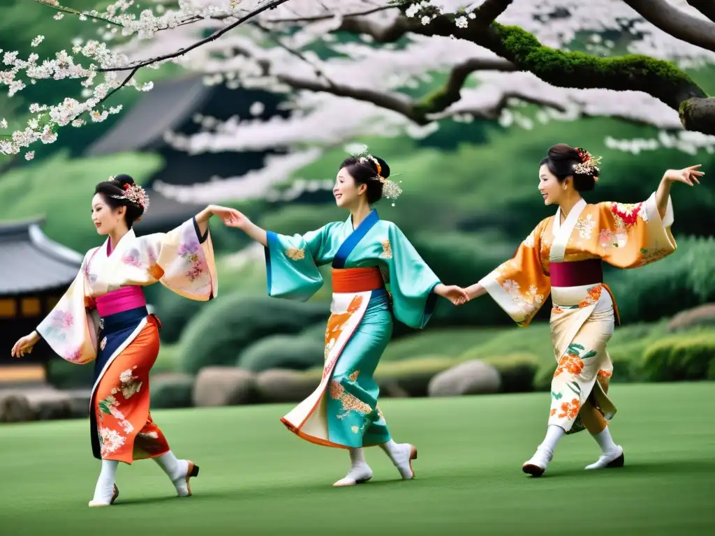 Grupo de bailarinas japonesas con kimonos vibrantes, danza tradicional entre cerezos en flor