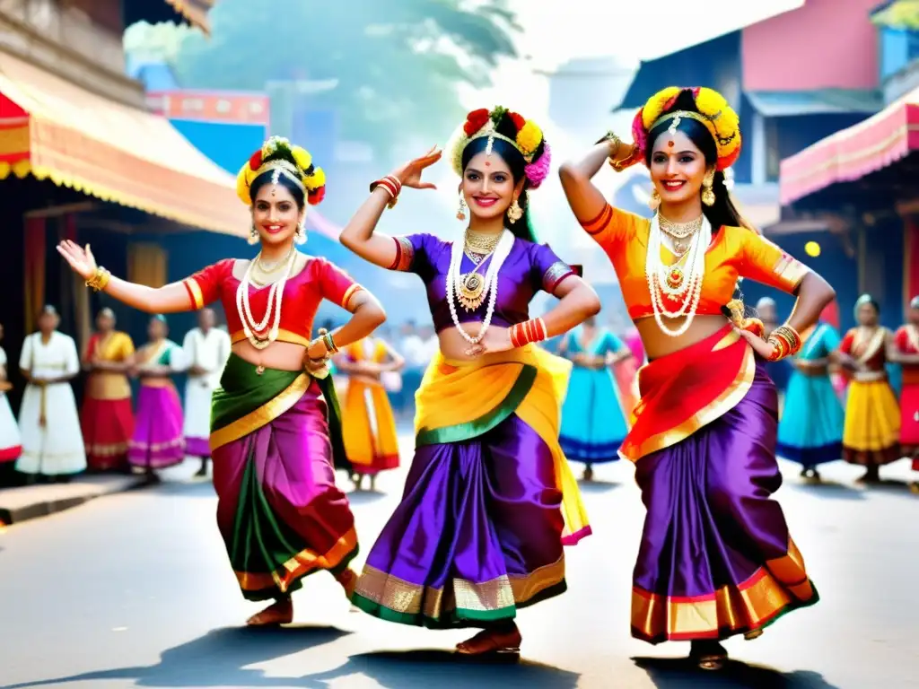 Grupo de bailarinas de Lavani en un festival callejero de Maharashtra, exudando energía y pasión con su danza folclórica Maharashtrian Lavani