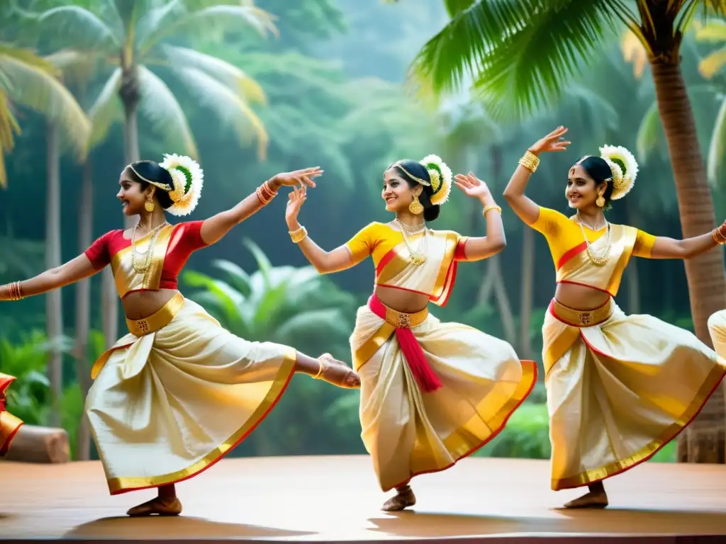 Grupo de bailarinas de Mohiniyattam en coloridos trajes tradicionales, danzando con gracia para representar historias de la mitología india