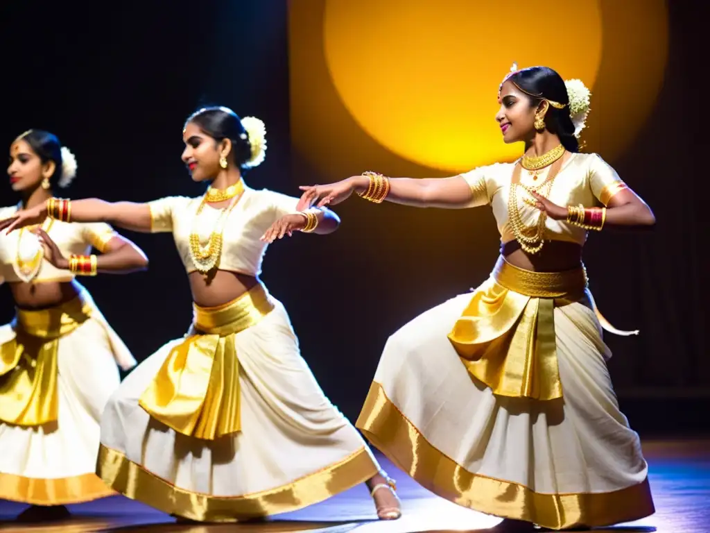 Grupo de bailarinas de Mohiniyattam en trajes tradicionales, expresando gracia y elegancia en una presentación cultural significativa en India