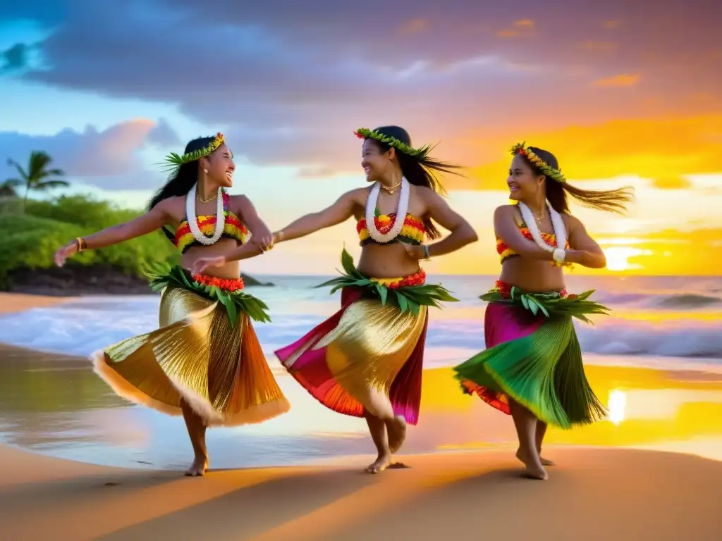 Grupo de bailarinas de hula danzando graciosamente en la playa al atardecer, reflejando la evolución de la danza hula