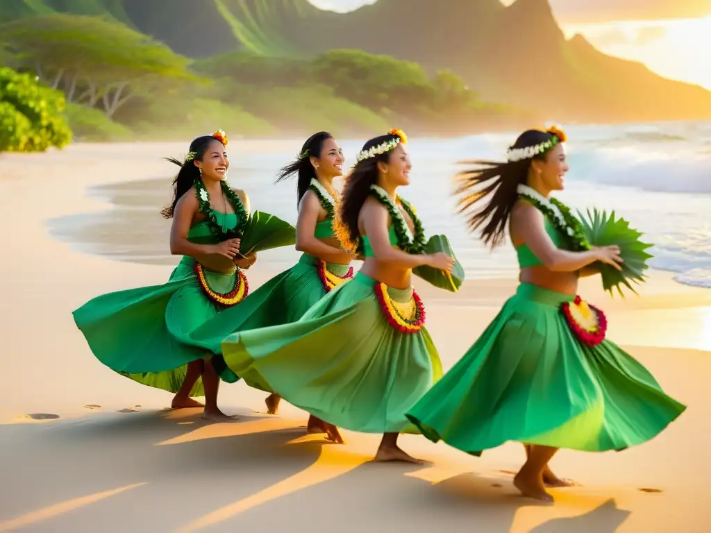 Grupo de bailarinas de hula en la playa al atardecer, transmitiendo la esencia de la danza hula tradicional hawaiana