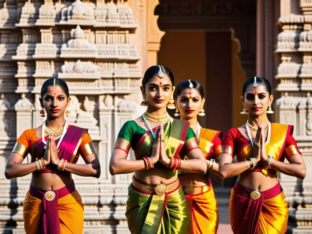 Un grupo de bailarinas de Bharatanatyam en una postura tradicional frente a un antiguo templo, irradiando elegancia atemporal y espiritual