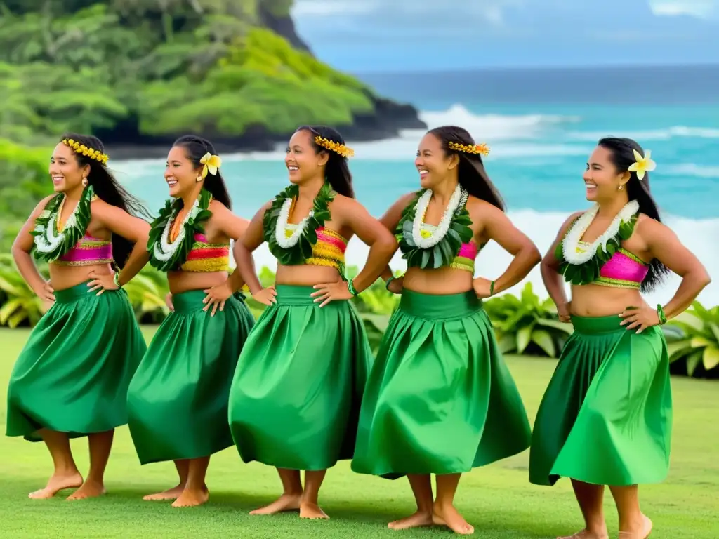 Grupo de bailarinas de hula polinesias danzando con significado cultural e histórico en un paisaje exuberante con el océano de fondo