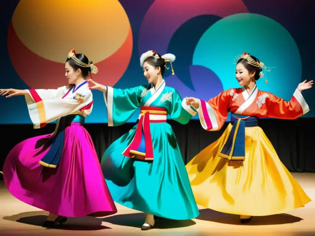 Grupo de bailarinas con hanbok tradicional danzando al ritmo de la música en la danza tradicional coreana, evocando una expresión cultural y artística