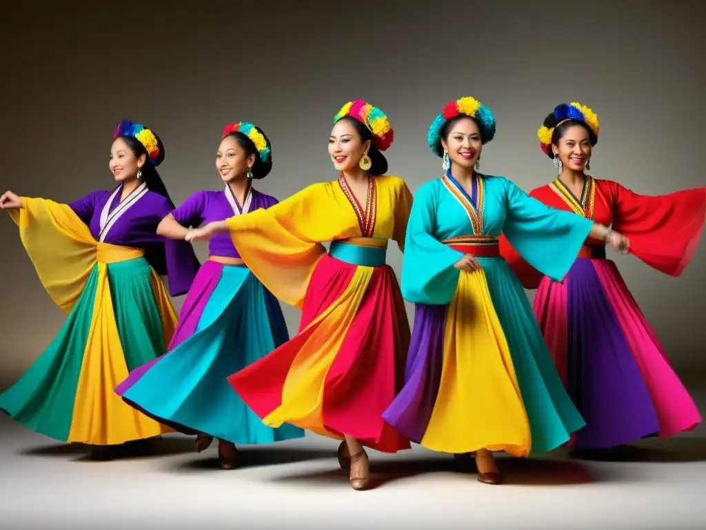 Grupo de bailarinas tradicionales en una actuación vibrante y empoderada, representando la transformación en la danza tradicional feminista