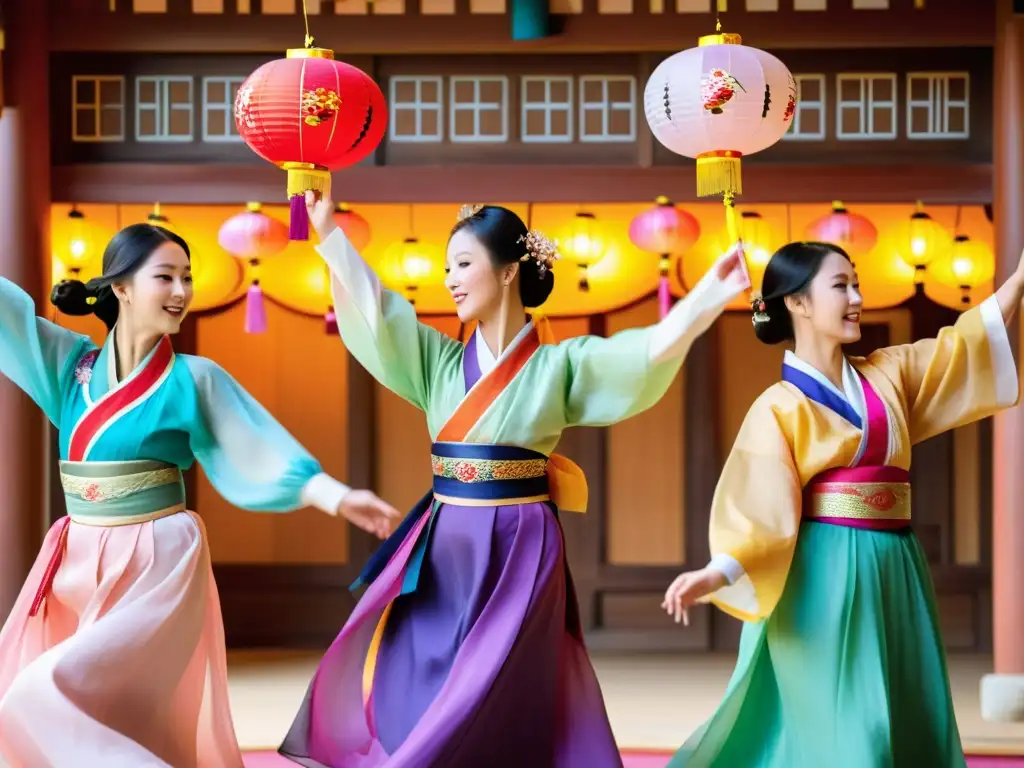 Un grupo de bailarinas tradicionales coreanas vistiendo coloridos hanbok, moviéndose con gracia y creando patrones hipnóticos con sus mangas