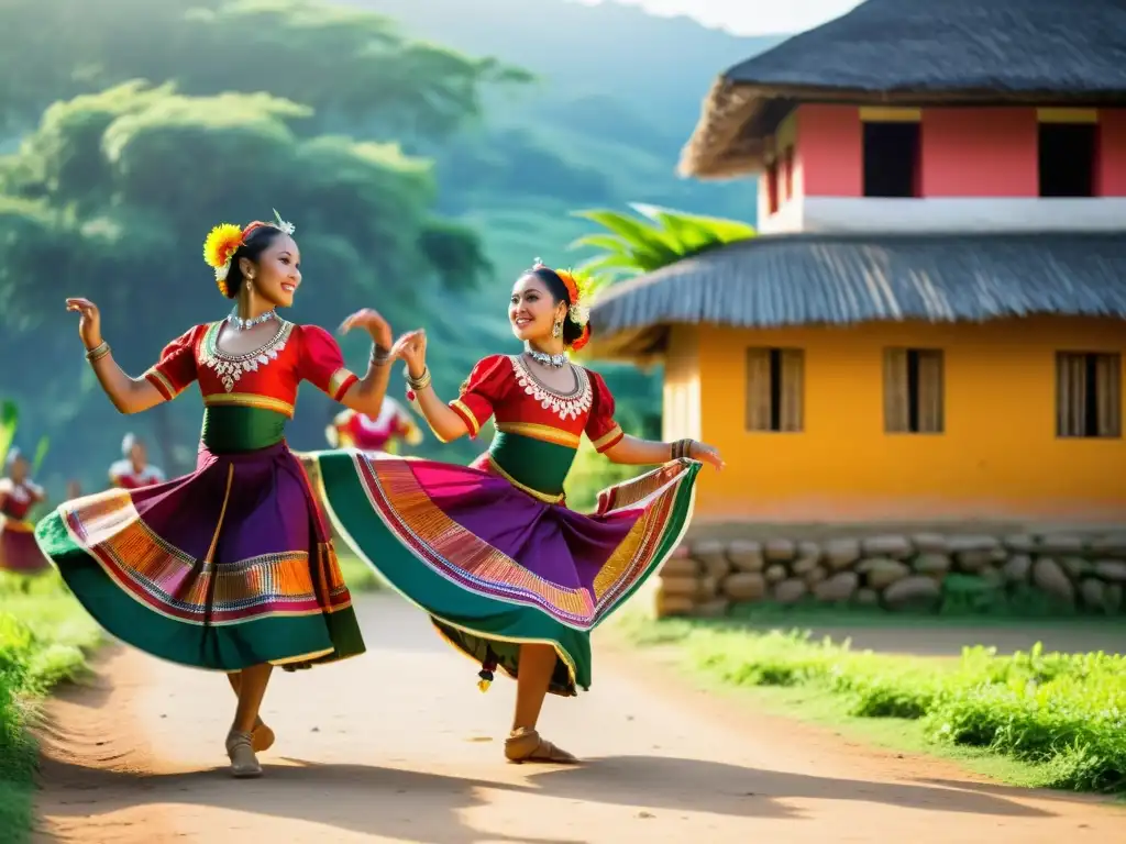 Un grupo de bailarinas tradicionales ejecuta una danza en un entorno rural, con colores vibrantes y patrones intrincados en sus trajes