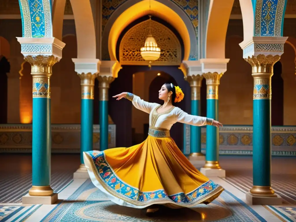 'Grupo de bailarinas tradicionales del Medio Oriente en coloridos trajes, danzando en un escenario de mosaicos mientras resplandece la luz dorada