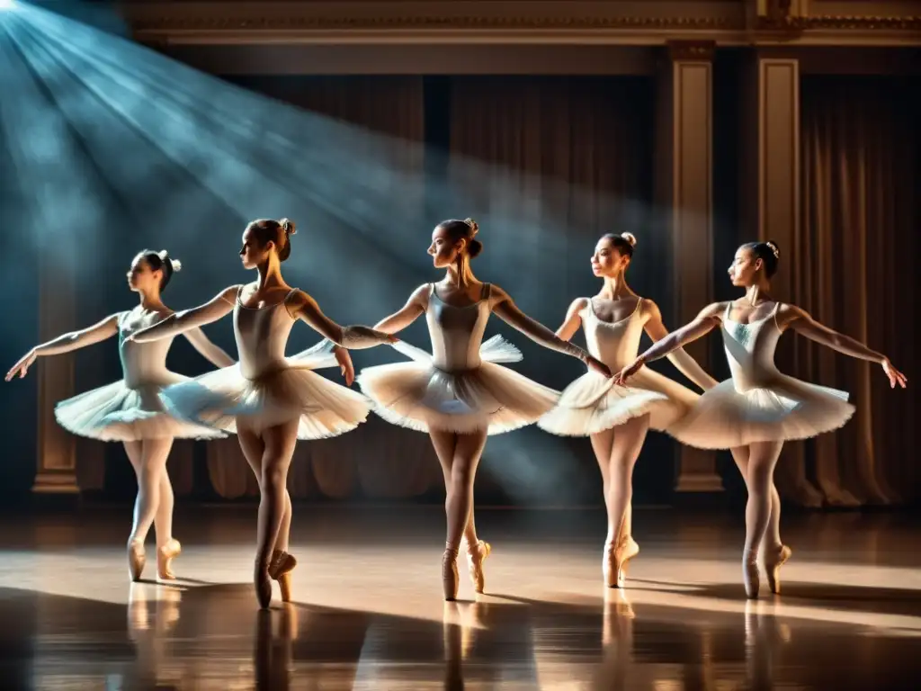 Grupo de bailarinas en tutús tradicionales y zapatillas de puntas realizando un grand jeté en un escenario, capturando la esencia de las Lecciones de ballet clásico en video con gracia y elegancia