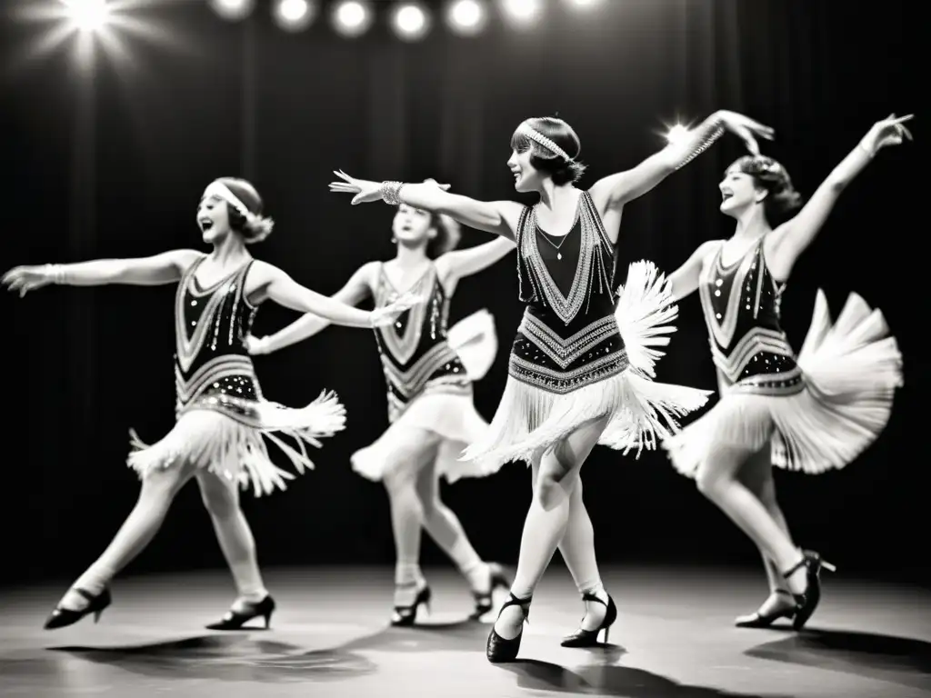 Grupo de bailarinas en trajes de los años 20, capturando la evolución del vestuario de baile con energía y libertad