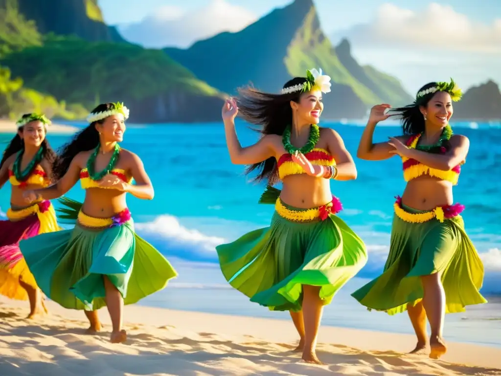 Grupo de bailarinas de hula con trajes polinesios vibrantes bailando en la playa con el océano de fondo, evocando una celebración cultural