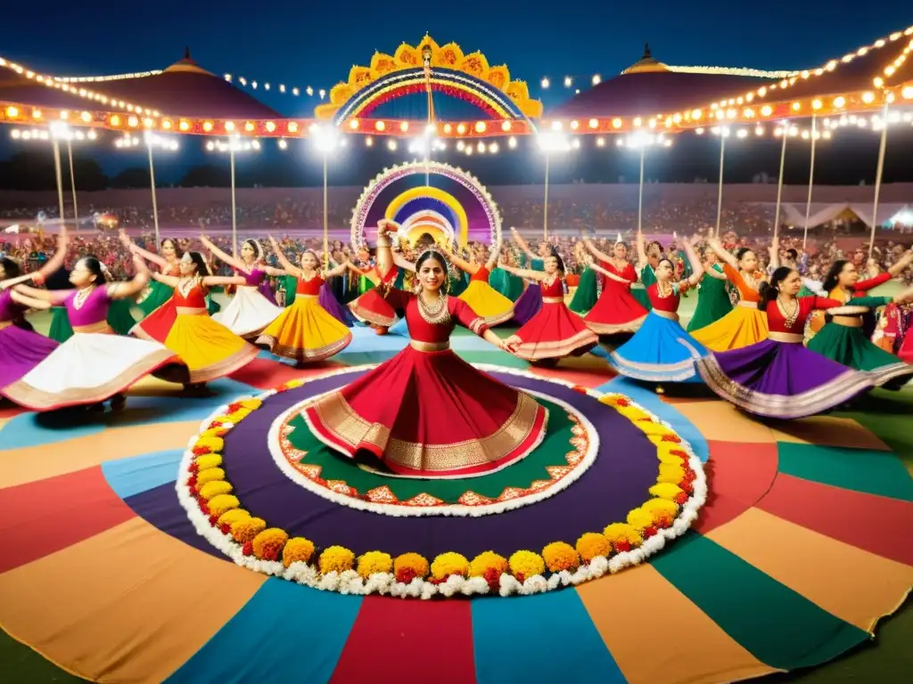 Grupo de bailarinas en trajes tradicionales Garba Gujarat significado cultural, danzando con gracia en un ambiente festivo