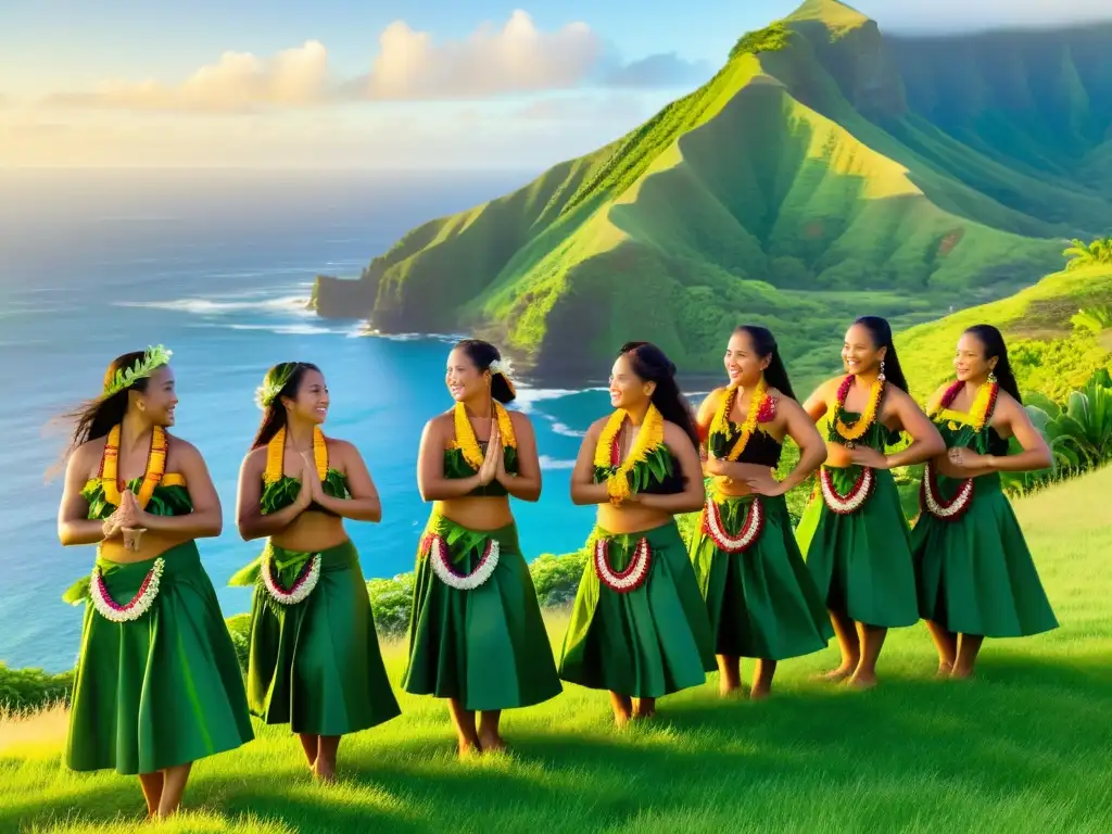 Grupo de bailarinas de hula en trajes tradicionales, danzando con gracia en una colina verde, evocando la evolución de la danza hula