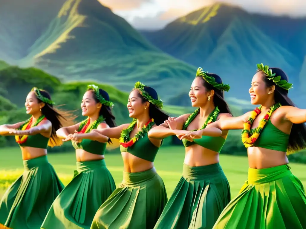 Grupo de bailarinas hula en trajes tradicionales, danzando con gracia al atardecer, reflejando la evolución de la danza hula