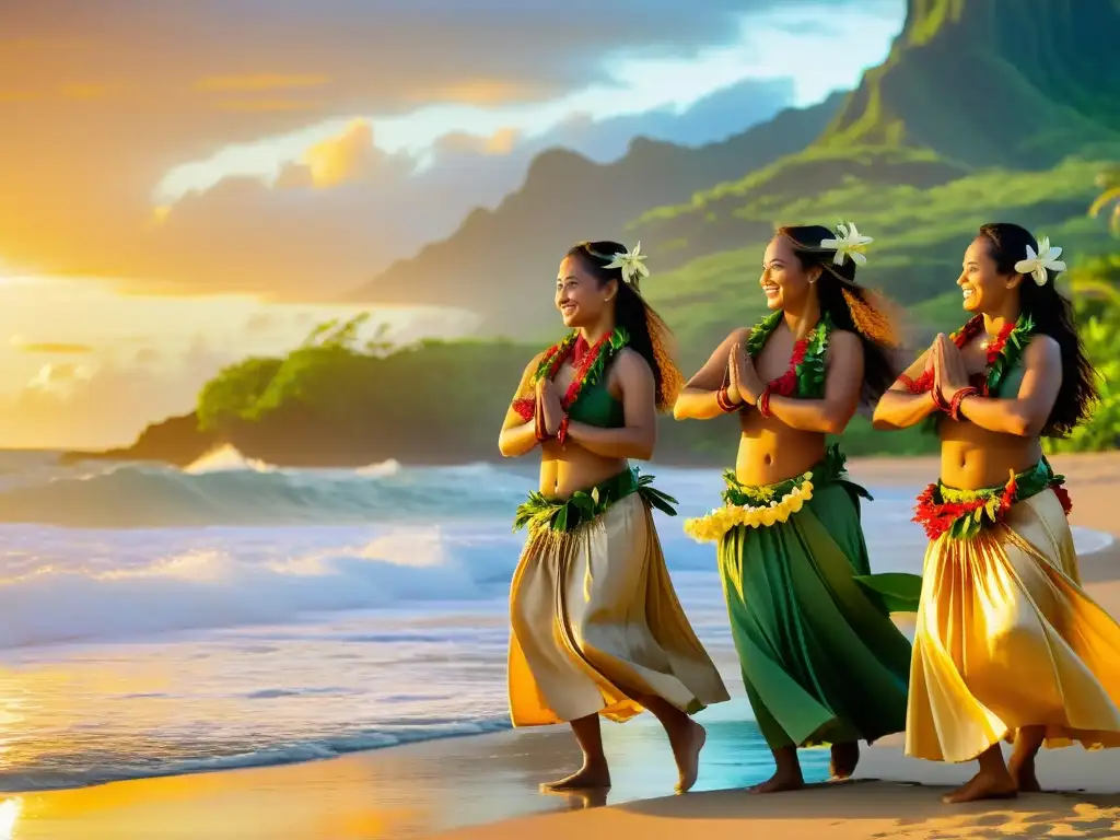 Grupo de bailarinas de hula en trajes tradicionales hawaianos, danzando al atardecer en la playa