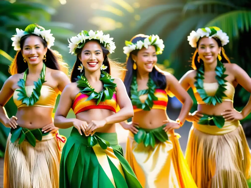 Un grupo de bailarinas de hula danzando en trajes tradicionales hawaianos, rodeadas de exuberante vegetación tropical, bajo el cálido sol