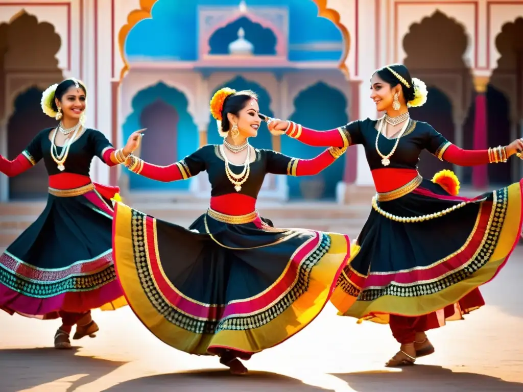 Grupo de bailarinas con trajes tradicionales Rajasthani bailando con cuchillos en la danza tradicional Ghoomar Rajasthan