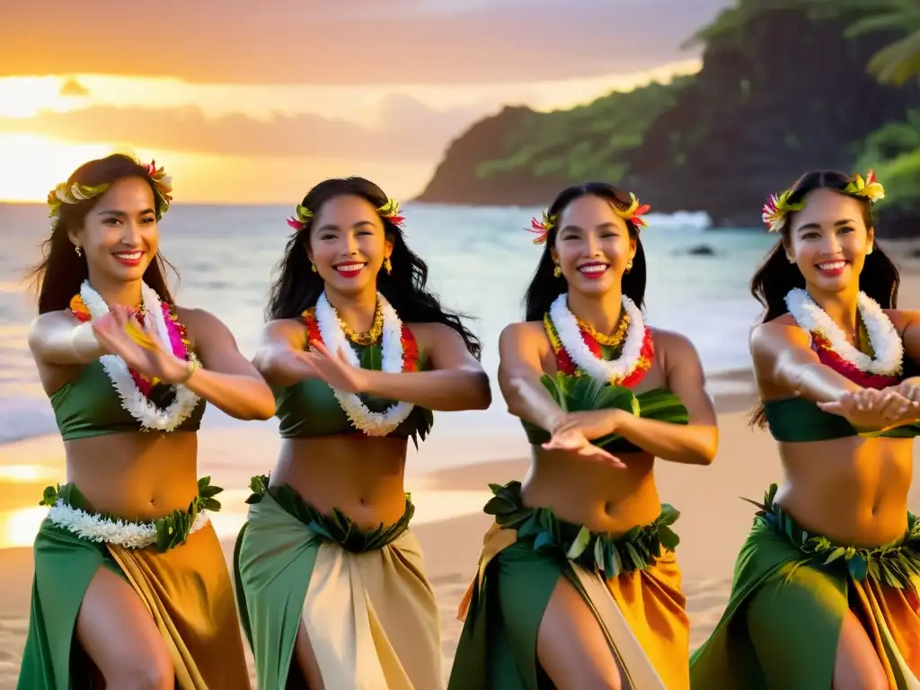 Deslumbrante baile hawaiano al atardecer Un grupo de bailarinas de hula en trajes tradicionales de Hawái, realizando la danza del amor con gracia bajo el cálido atardecer hawaiano