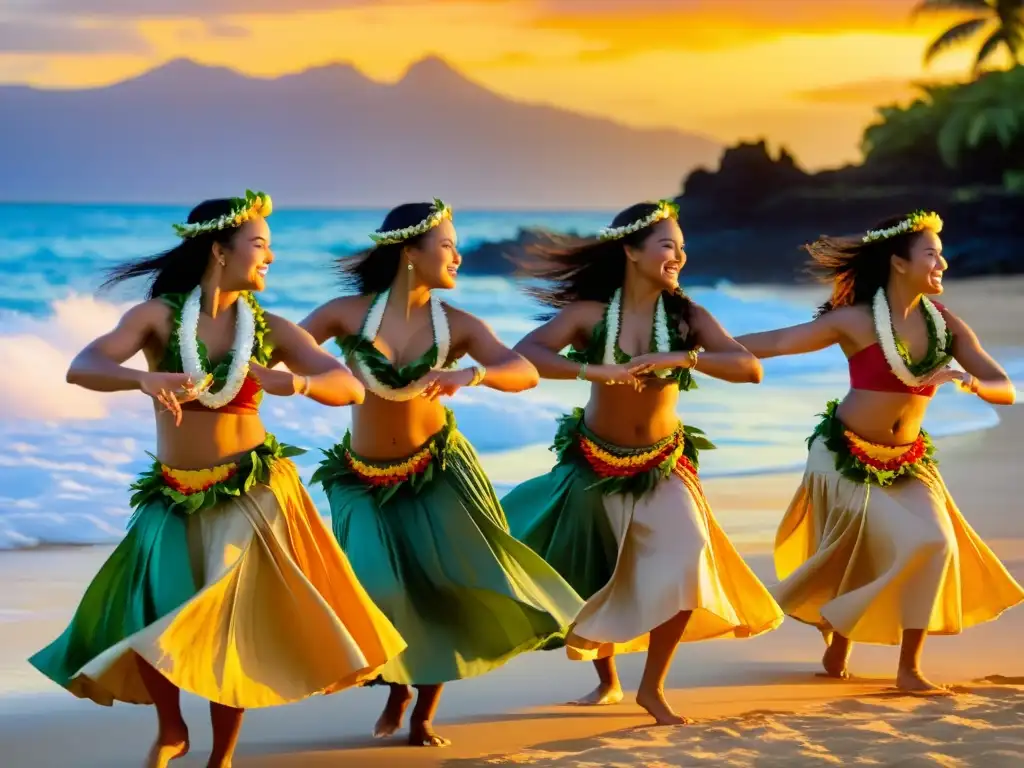 Un grupo de bailarinas de hula en trajes tradicionales hawaianos realiza una danza significativa al atardecer en la playa