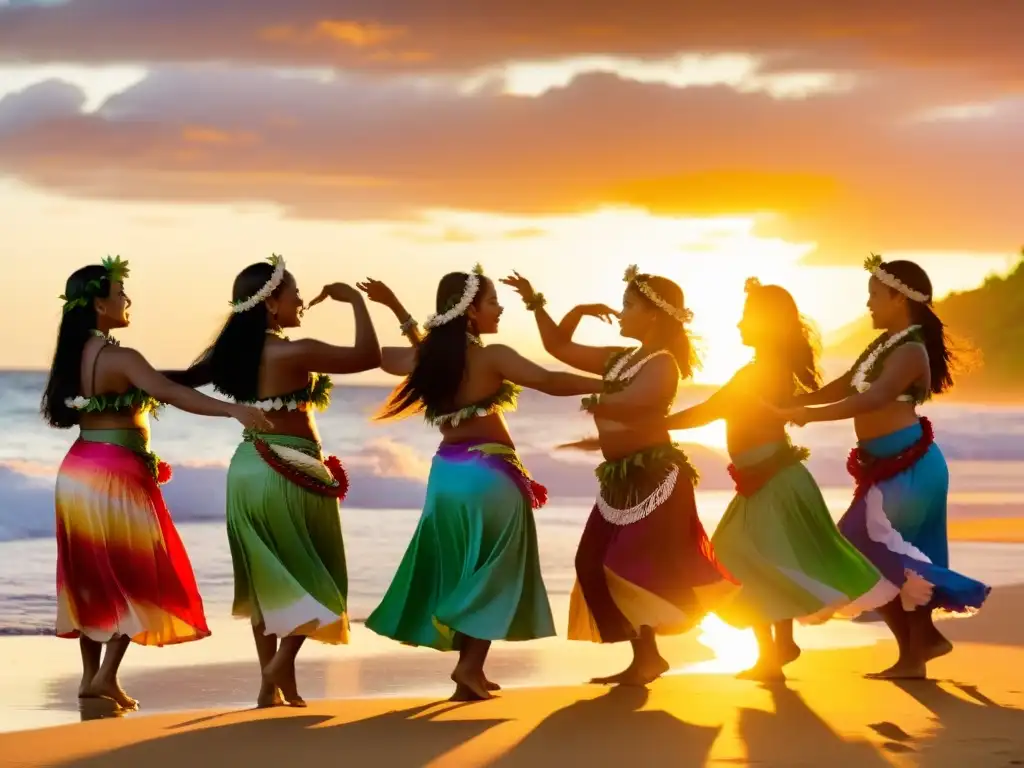 Un grupo de bailarinas de hula en trajes tradicionales hawaianos, danzando con gracia en la playa al atardecer