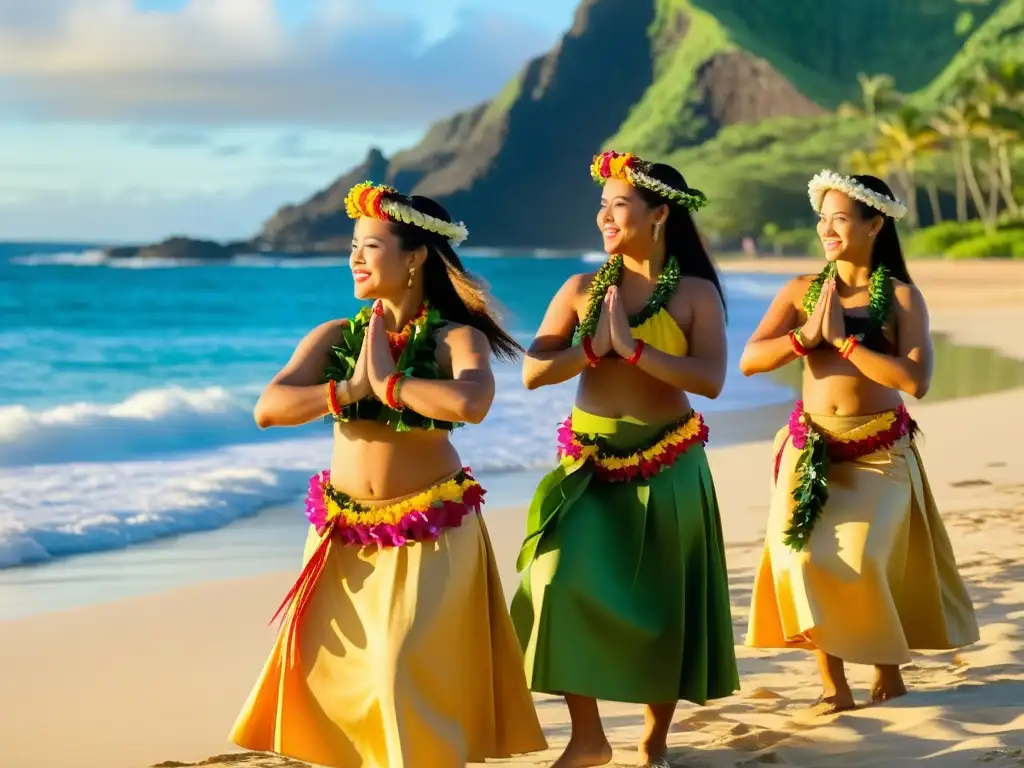 Un grupo de bailarinas de hula con trajes tradicionales hawaianos bailando en una playa, con el océano de fondo