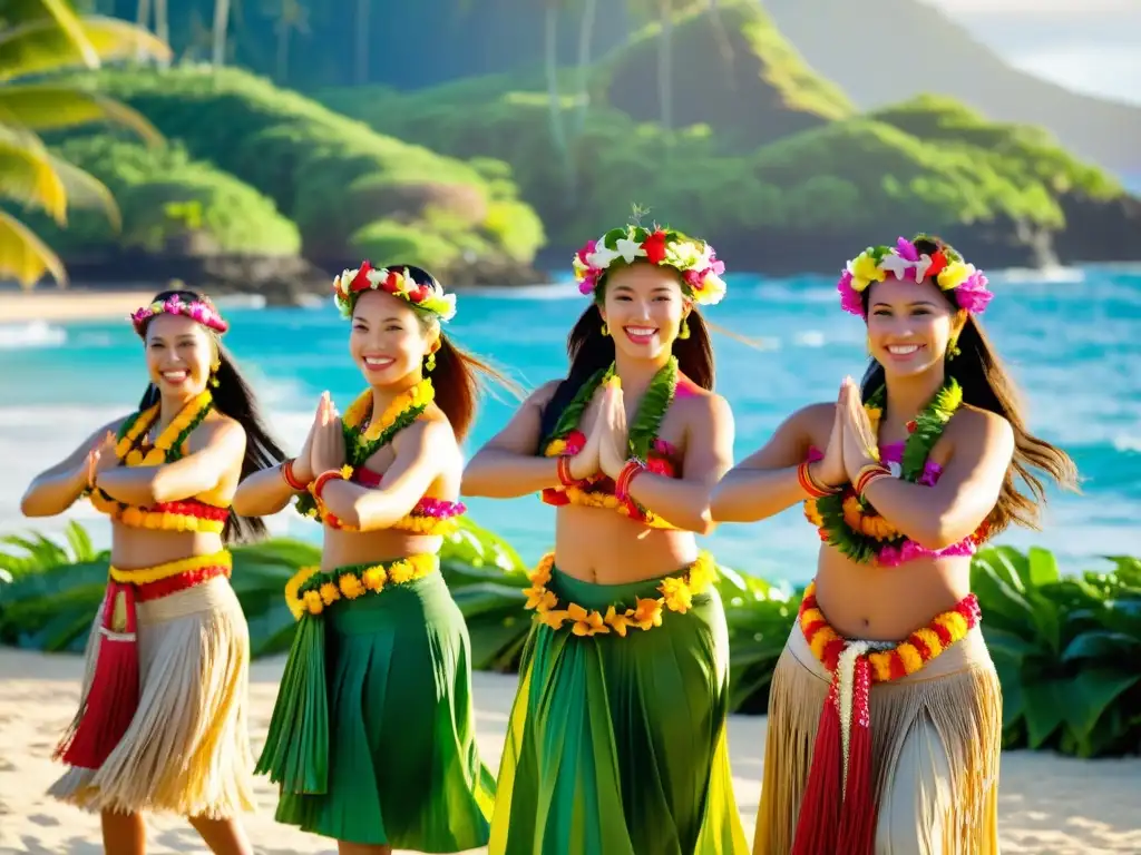 Un grupo de bailarinas hula con trajes tradicionales y coloridas guirnaldas, danzando al ritmo de la música hawaiana