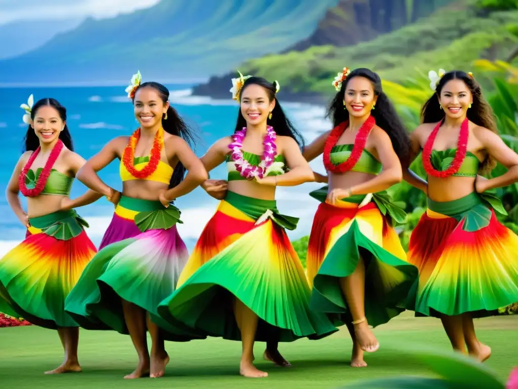 Grupo de bailarinas hula con trajes tradicionales, danzando en un paisaje exuberante