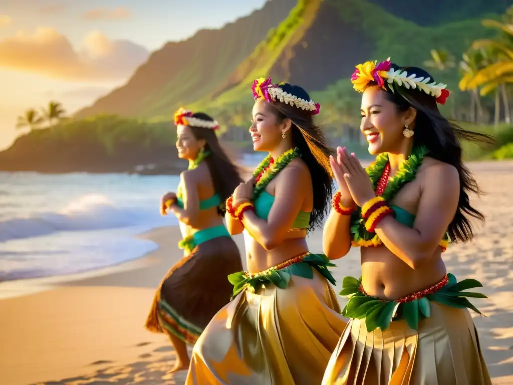 Un grupo de bailarinas hula en trajes tradicionales hawaianos bailando en una hermosa playa al atardecer, con olas y palmeras al fondo